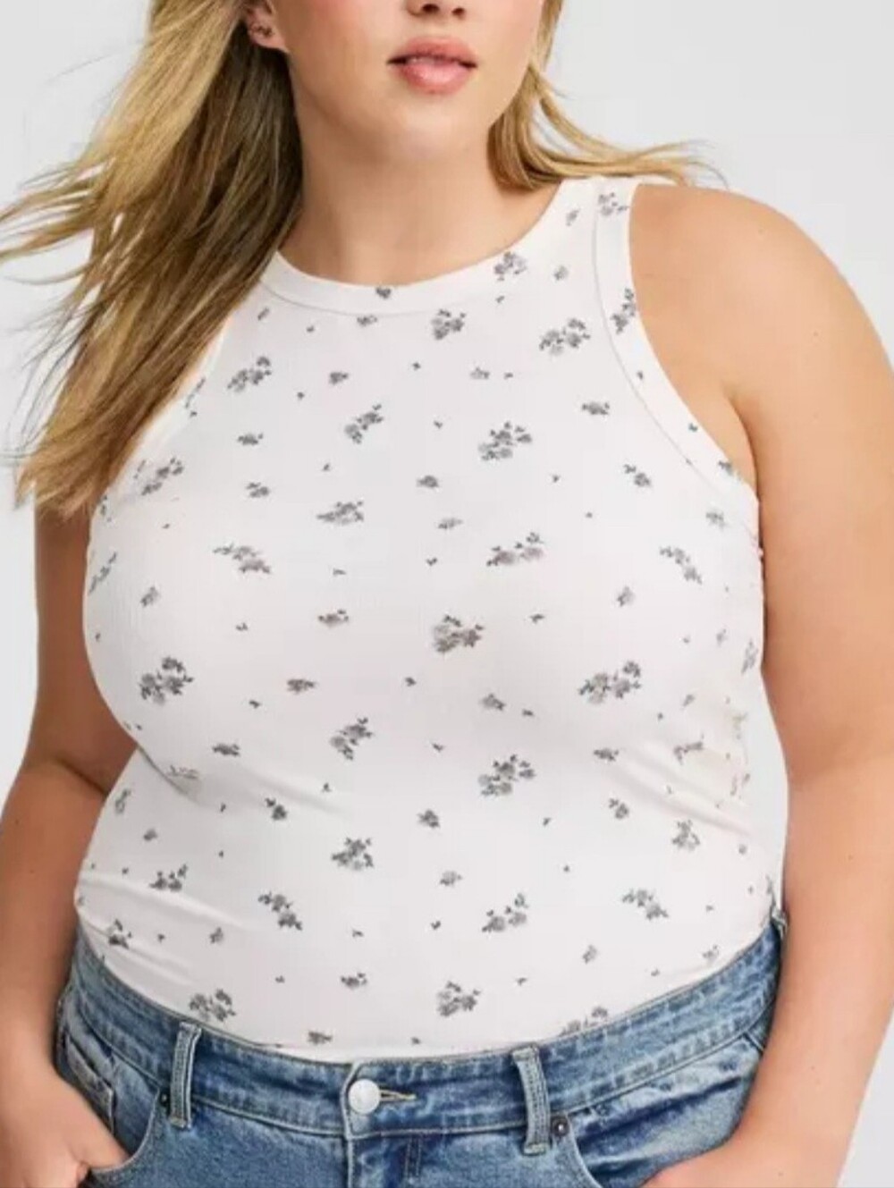 Torrid White Super Soft Floral Rib Knit High Neck Tank Size 3 (22/24) NWOT